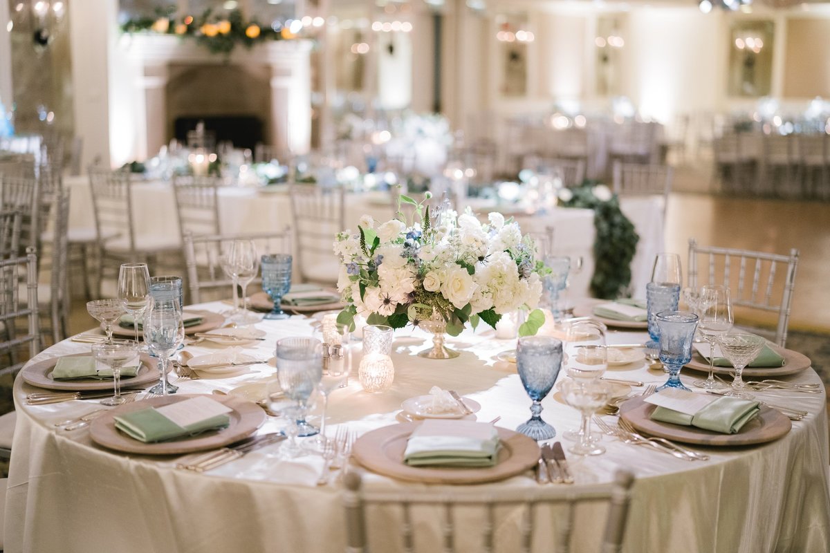 Blue, green and white wedding reception details