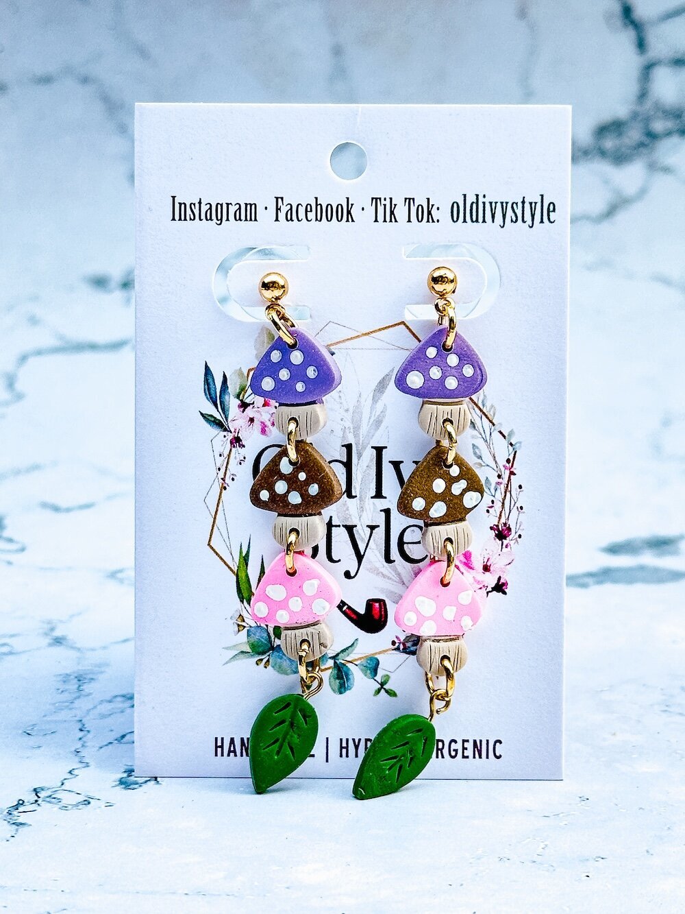 Pair of Old Ivy style hypoallergenic earrings multi-colour mushroooms