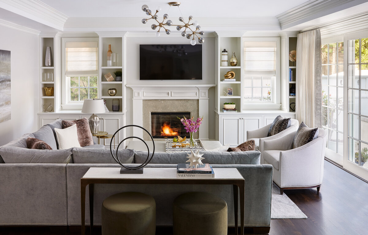 Contemporary White Living Room Design With Fireplace