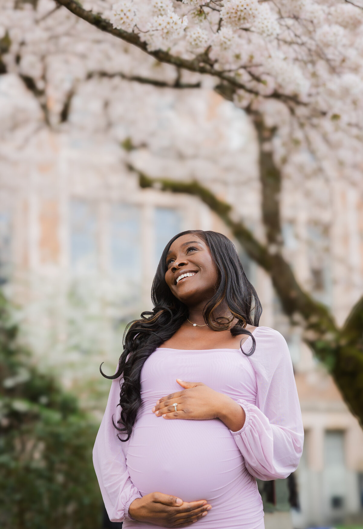 A serene moment as the mom-to-be gazes up at the beautiful cherry blossoms on the University of Washington campus, enjoying the peaceful surroundings and the anticipation of the journey ahead.