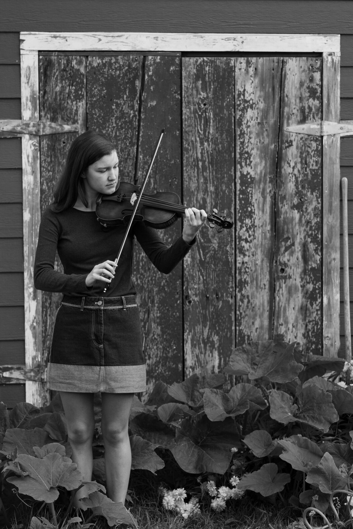 senior girl playing violin in front of a barn