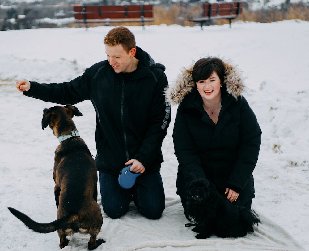 Edmonton couple play in the snow with their two dogs