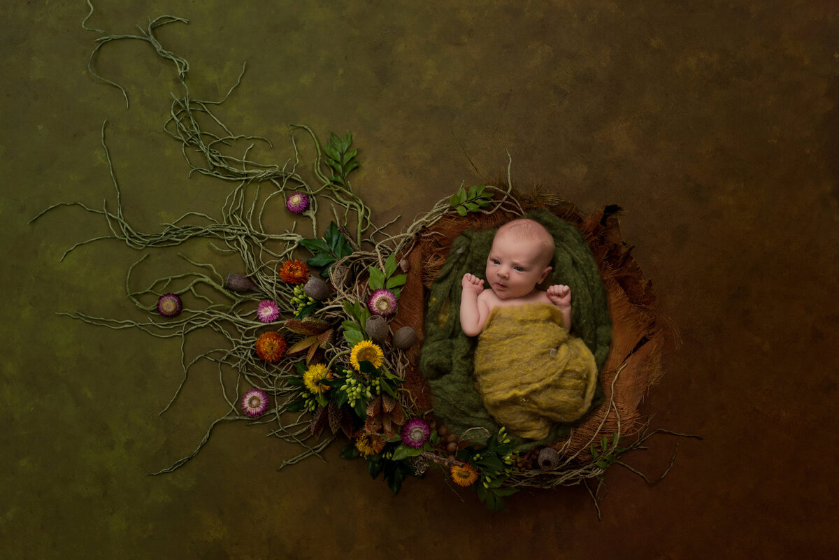 Awake baby girl in olive green wrap on an olive green background.  Baby is in a moss bowl with wildflowers trailing from the side.  Photo is looking down at baby.