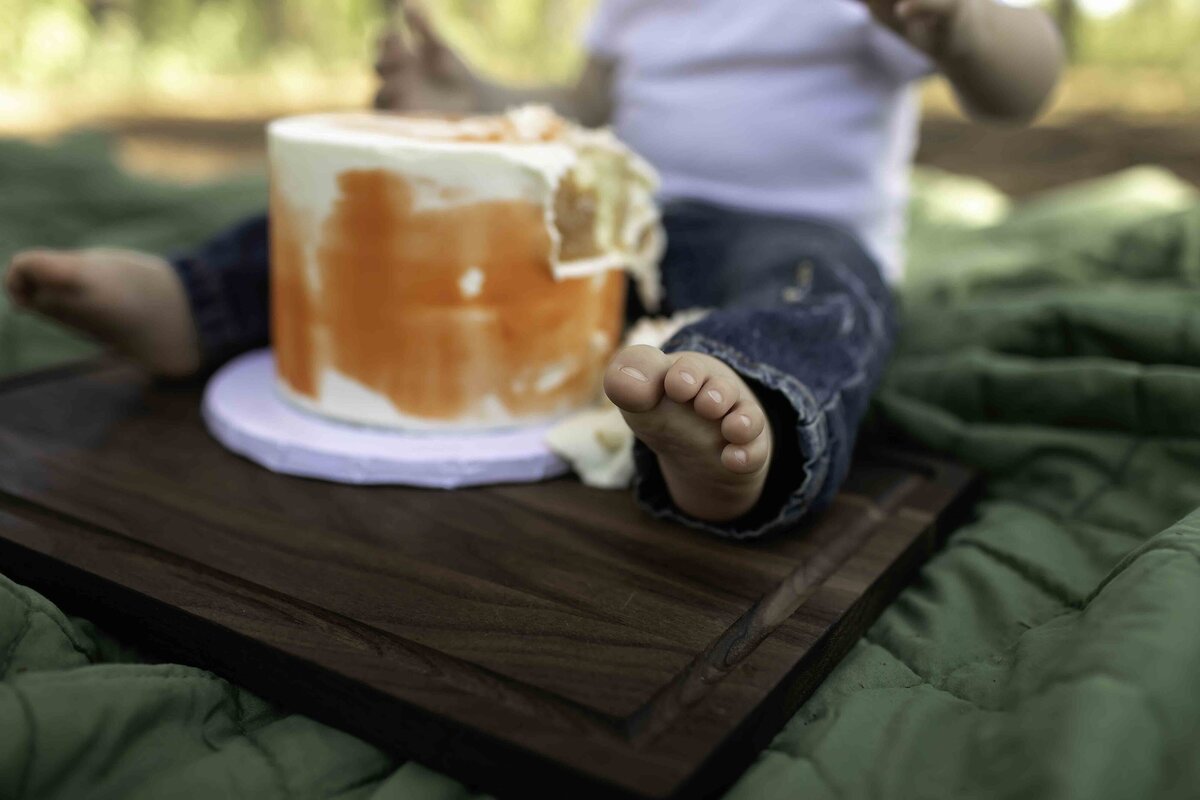 One-year-old birthday boy in overalls and suspenders, excitedly smashing his cake with frosting all over his hands