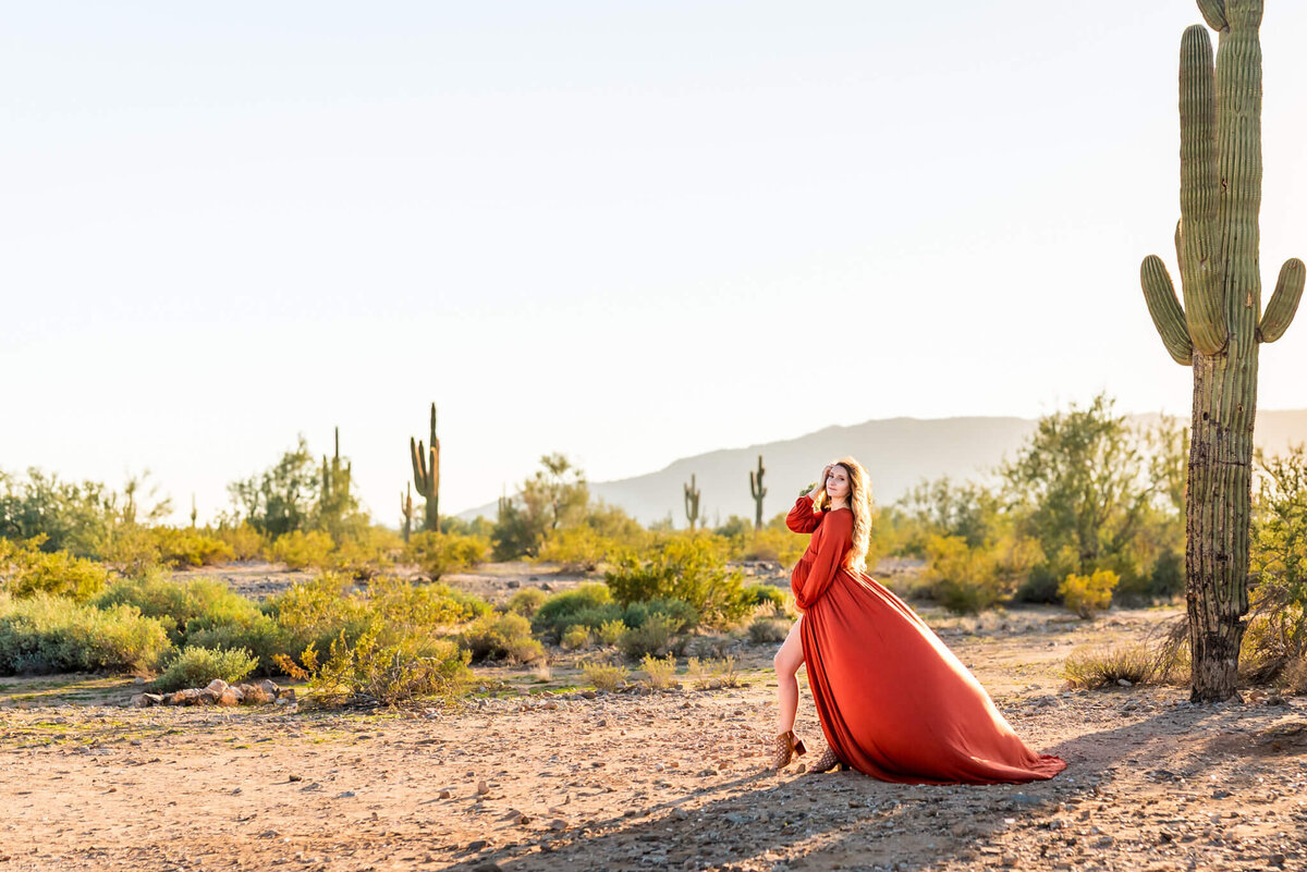 stunning mother-to-be surrounded by Arizona desert. Photographed by Cactus & Pine Photography