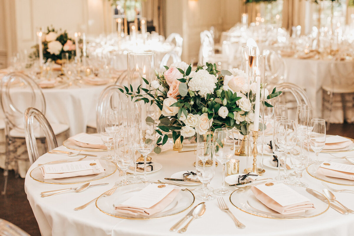 White and pink themed luxurious wedding dinner