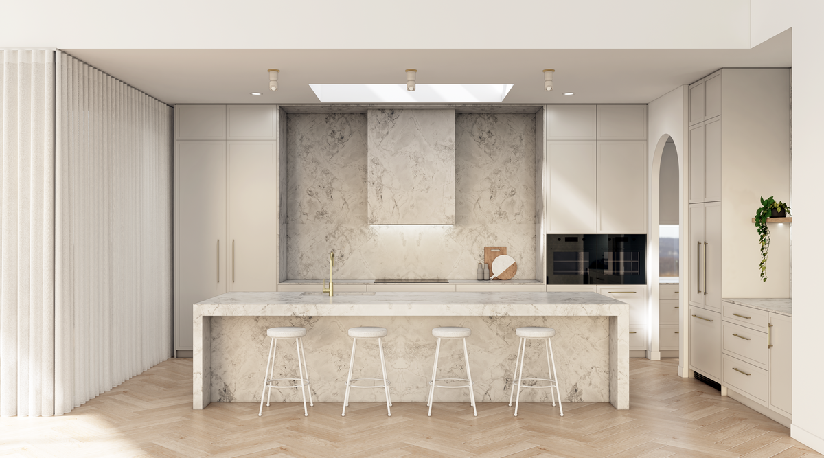 Squared Design - Original Stone Super White Grey Cabinets + stone wrap