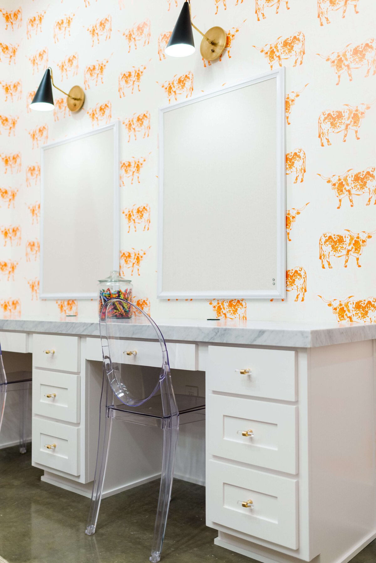 oyster creek studios building belt new build orange cow wallpaper and white desk