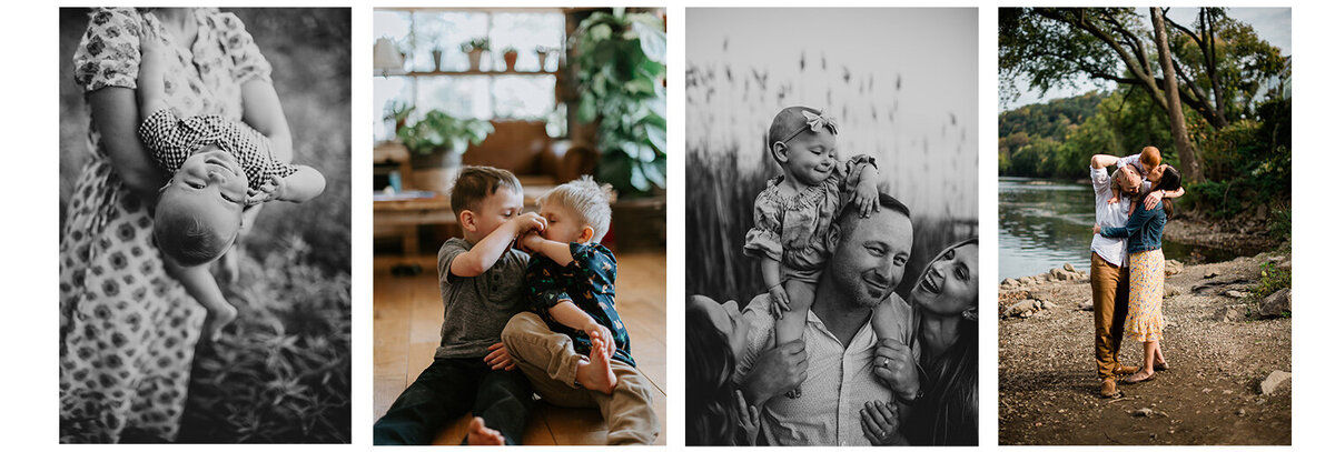 A collage of images for Outdoor and Indoor Philadelphia Family Photography.  Children playing with their parents.