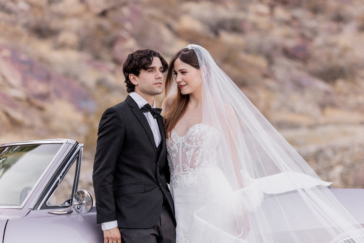 Bride and groom standing beside a vintage convertible in the Palm Springs desert, with bride in strapless lace gown and cathedral veil.