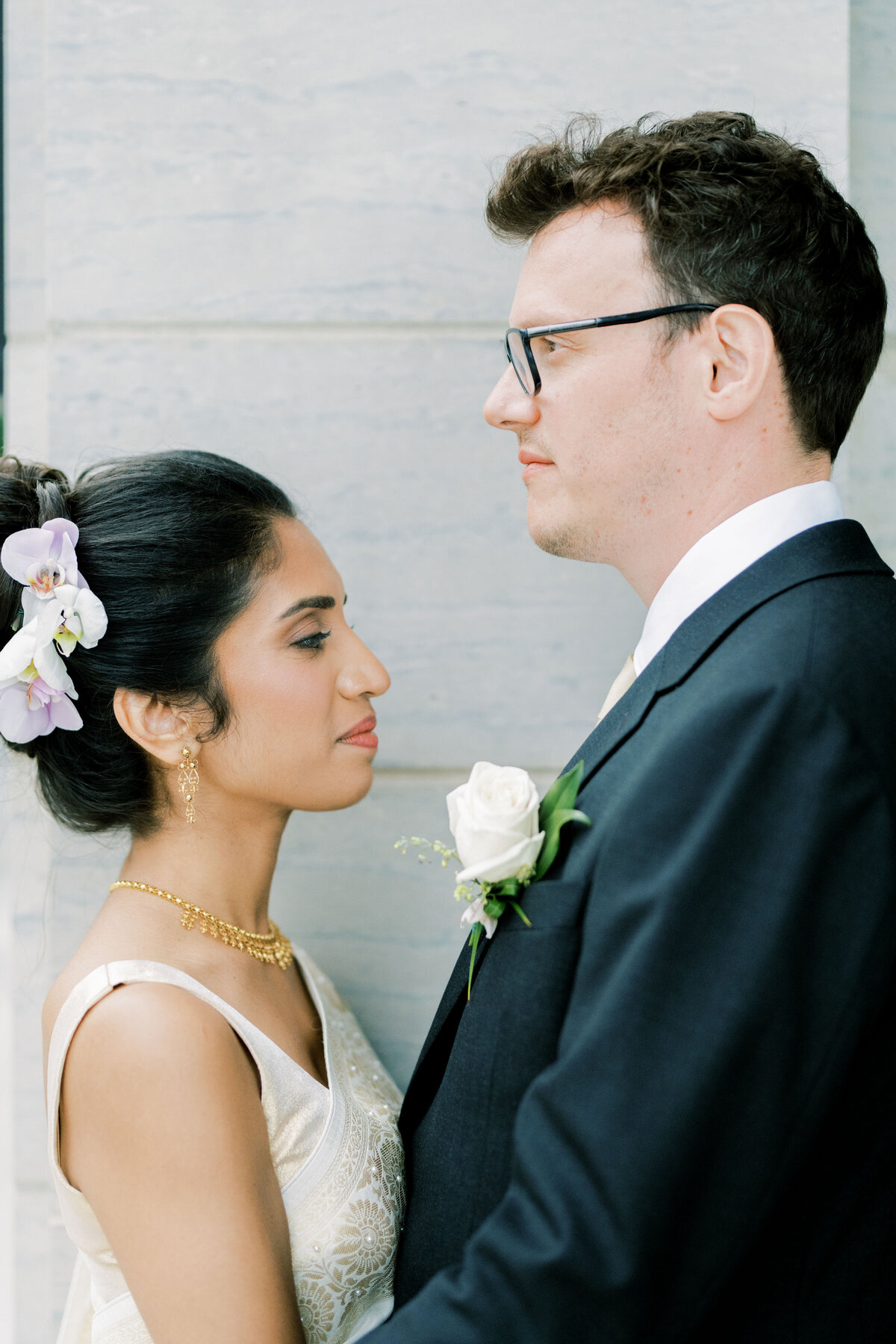 Upscale portrait of bride and groom in Burlington