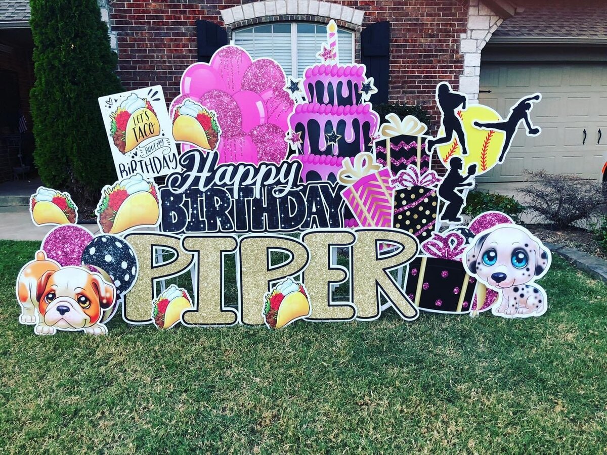 Custom birthday yard sign setup in Edmond, Oklahoma. Simply Sign It is a yard greeting rental company servicing Edmond, NW OKC, Piedmont, and Deer Creek. Order a yard greeting for birthdays, graduation, anniversary, back-to-school, and birth announcements. Design features dogs, softball, and tacos.