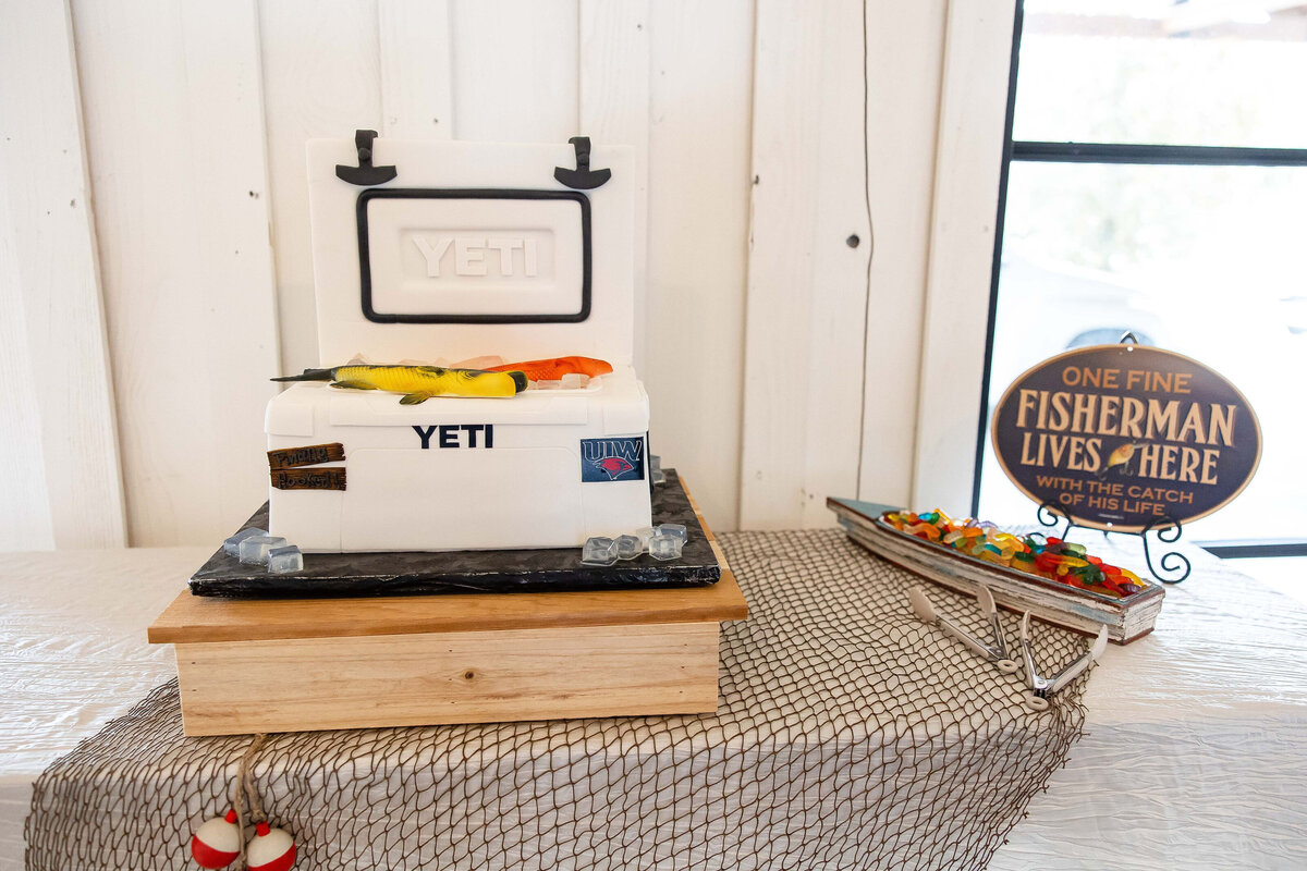 Yeti cooler and fish with gummy worms grooms cake at Milestone New Braunfels by Firefly Photography