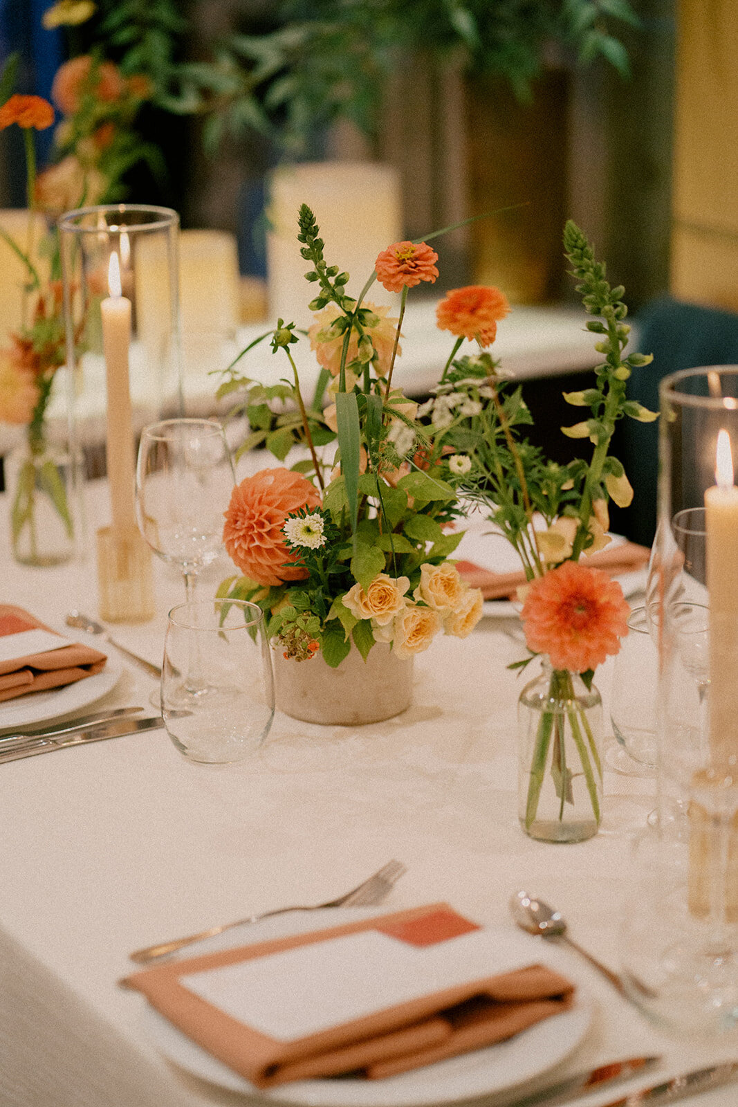 Organic, colourful centrepieces at a Restaurant Beatrice wedding reception in Montreal.