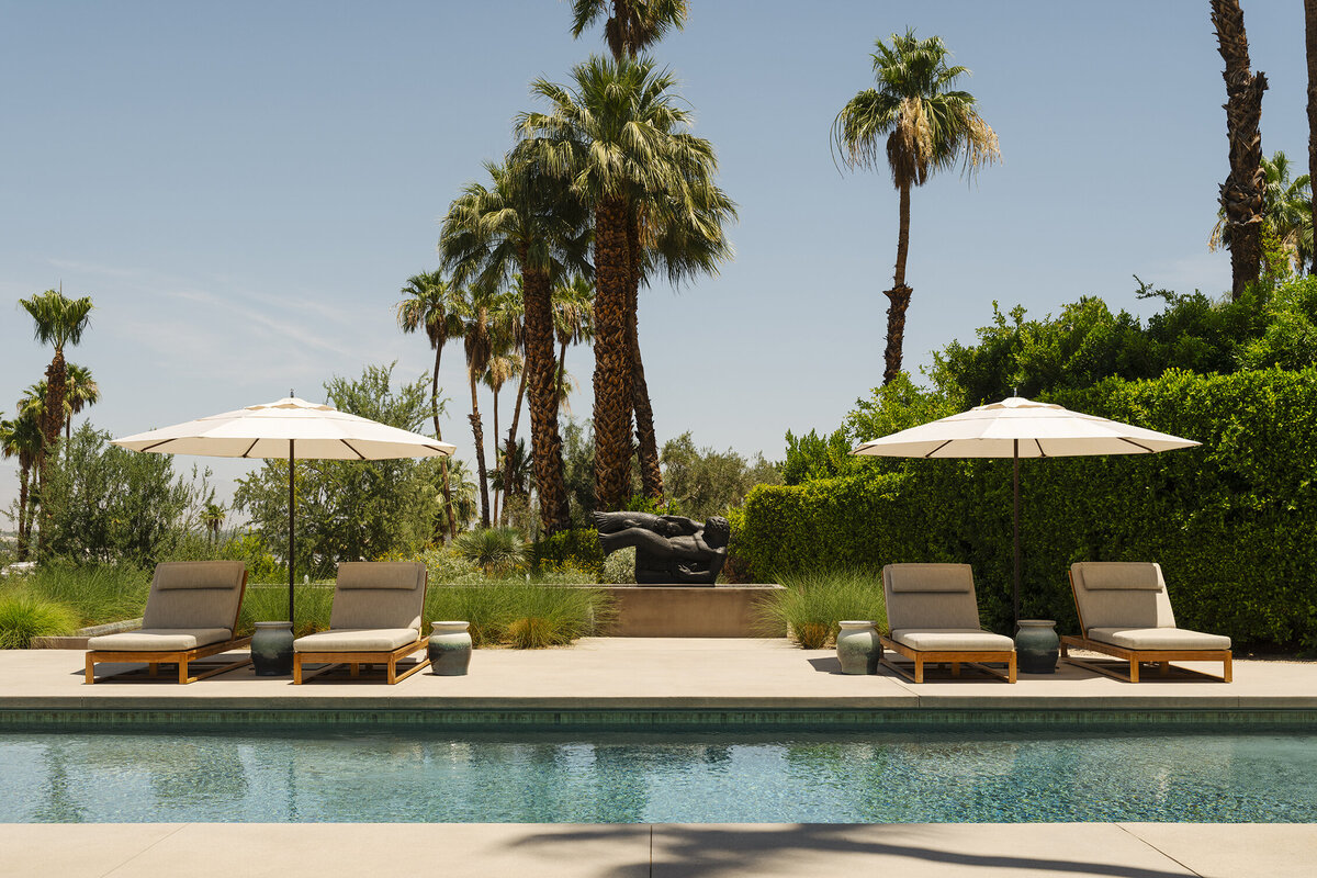 Backyard view with palm tress and mountains in the background showing the steel cabana and long eave by the pool