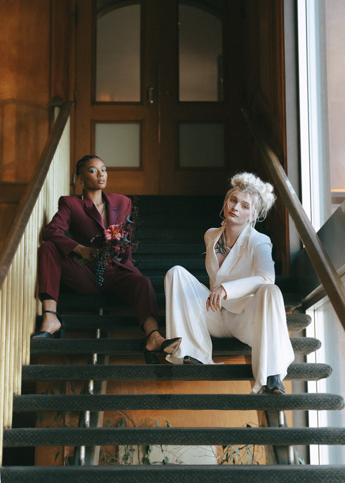 Modern, inclusive wedding portrait of a queer couple planned by Fêtes by Linda on Vancouver Island.