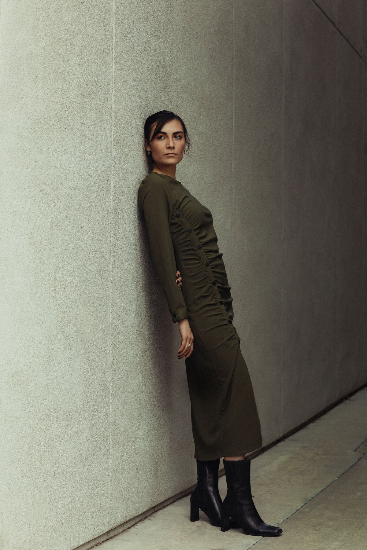 Portrait Photo Of Young Woman In Dark Green Dress Los Angeles