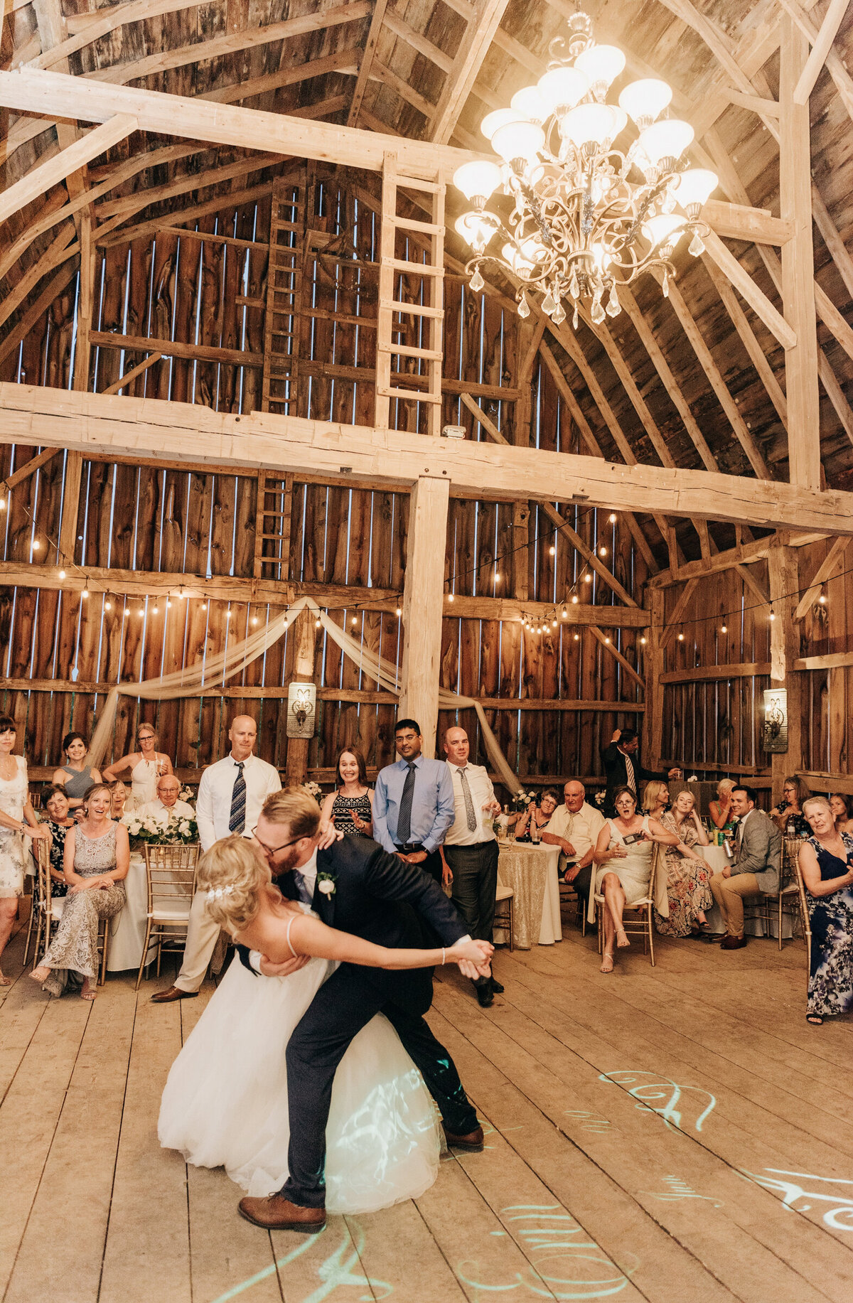 Bride and groom's first dance at elegant wedding reception