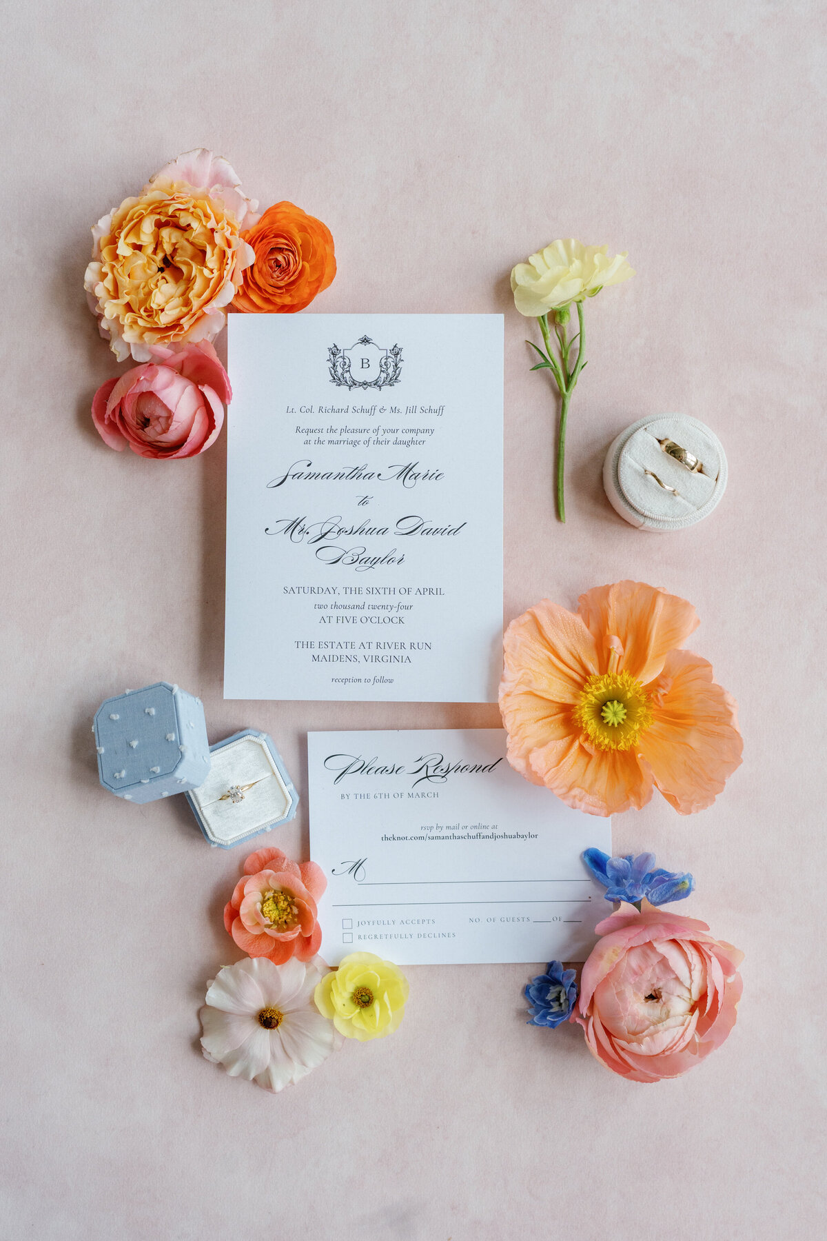 Estate at River Run Wedding in Maidens, VA | Wedding Photographer in Richmond | white wedding invitation with orange, yellow, and pink flowers