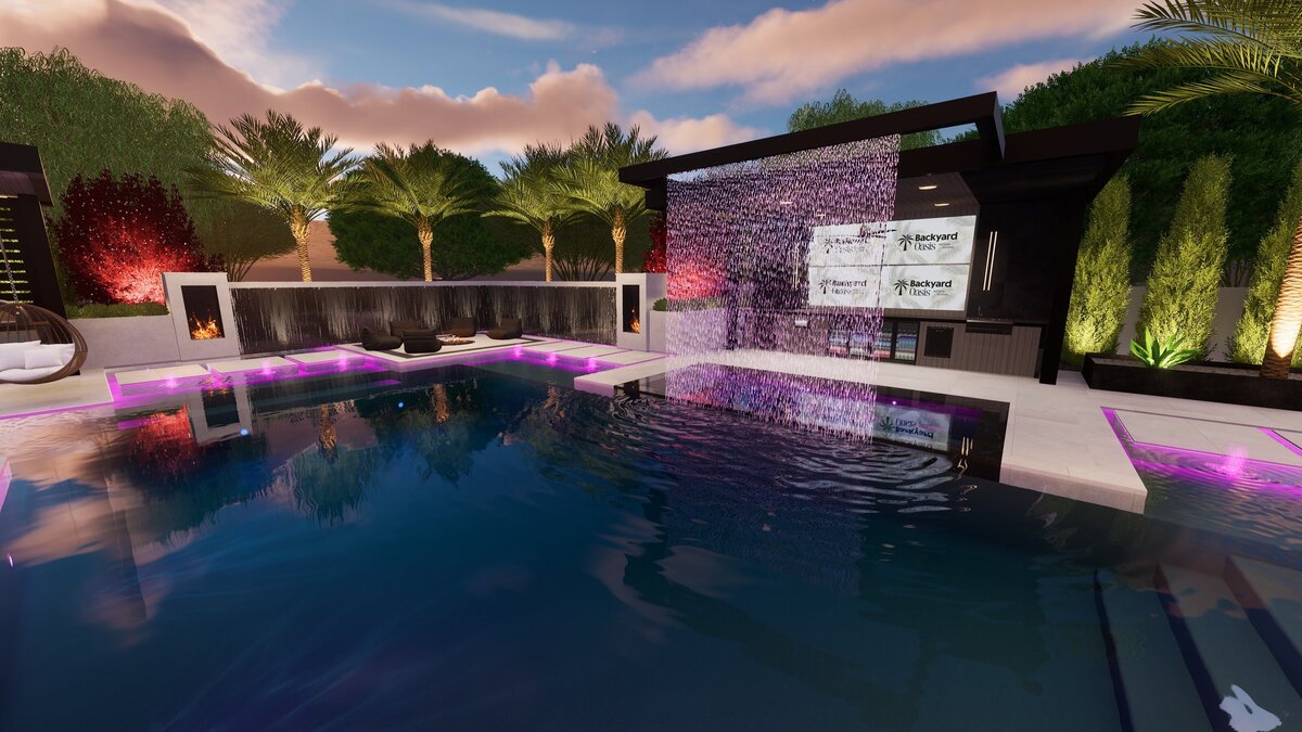 Modern front yard terrace with luxe textiles, elegant planters, and mood lighting.