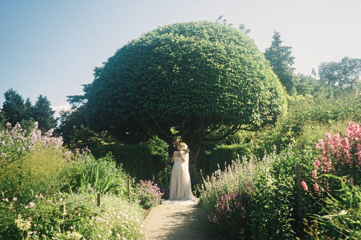 A wide 35mm film photograph of a couple standing beneath a large tree. They wear wedding arrire.