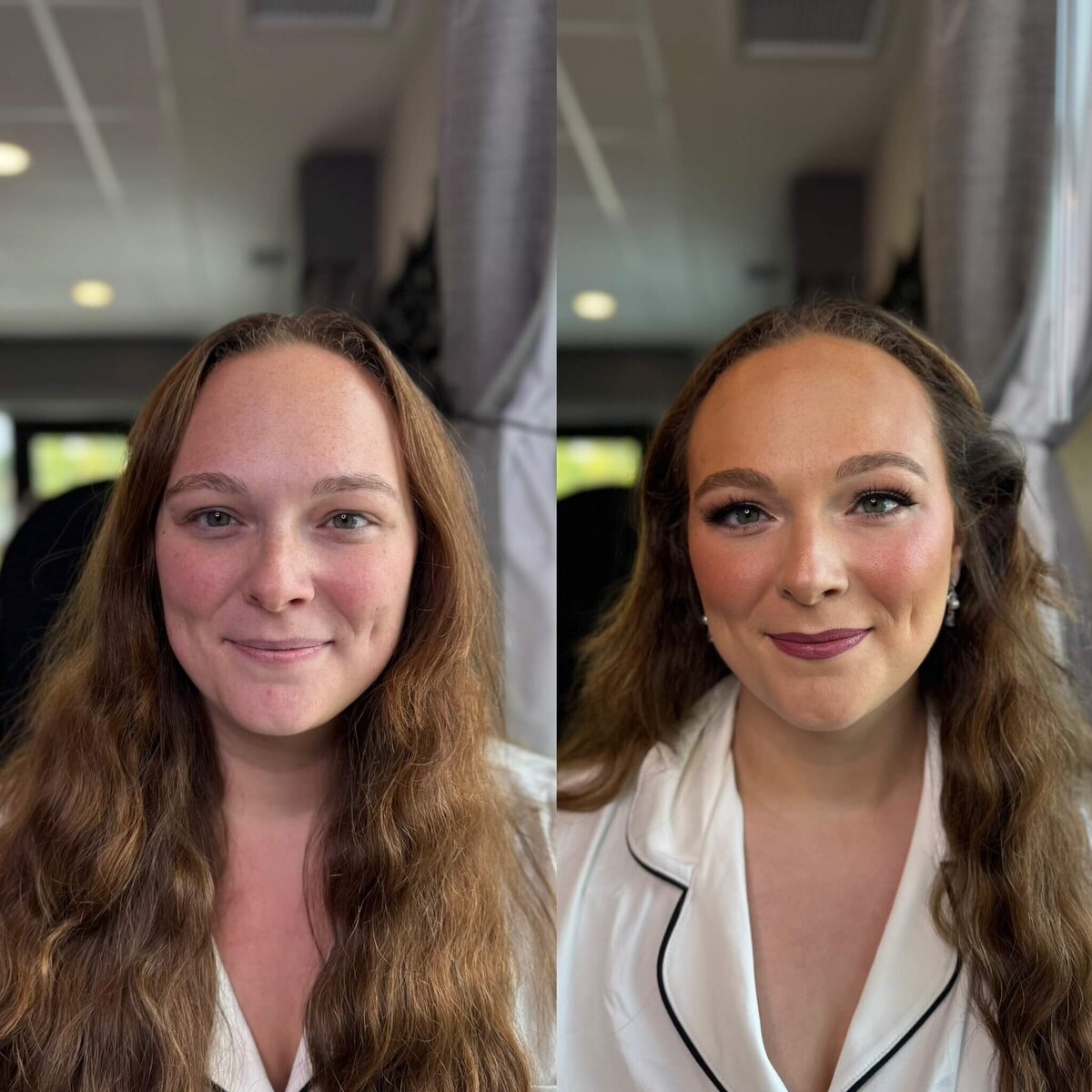stunning bride showing the transformation of her makeup that was professionally done by an  Oshkosh Makeup Artist. 