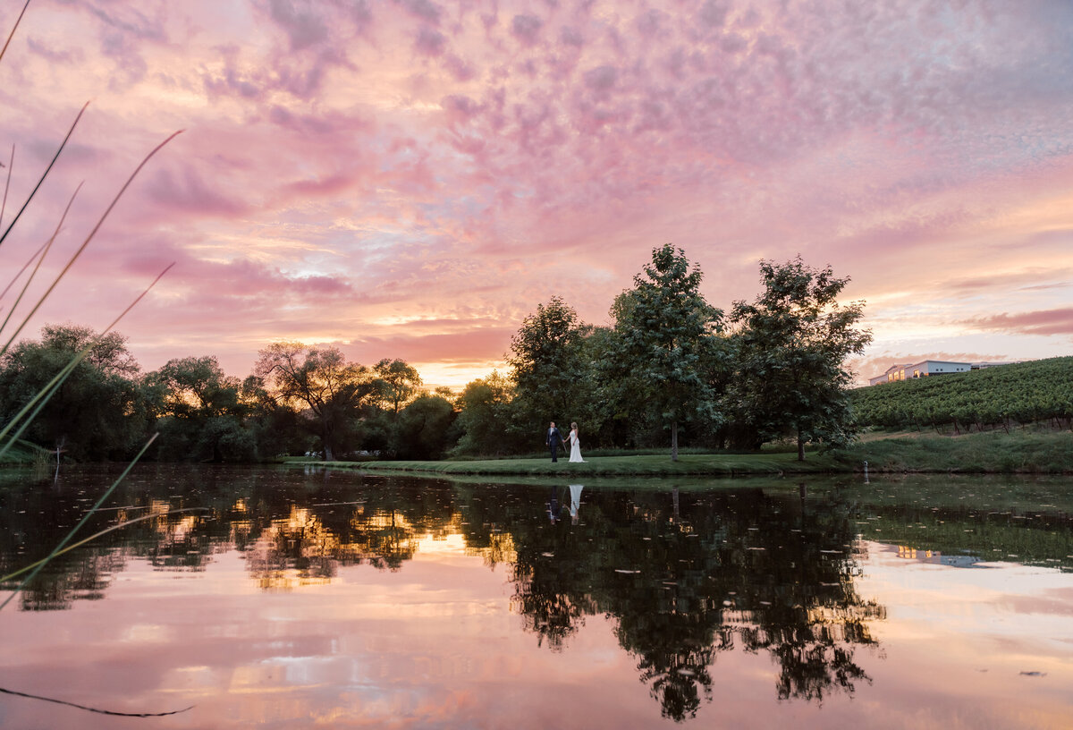 sunset over the lake at Greengate Ranch wedding venue