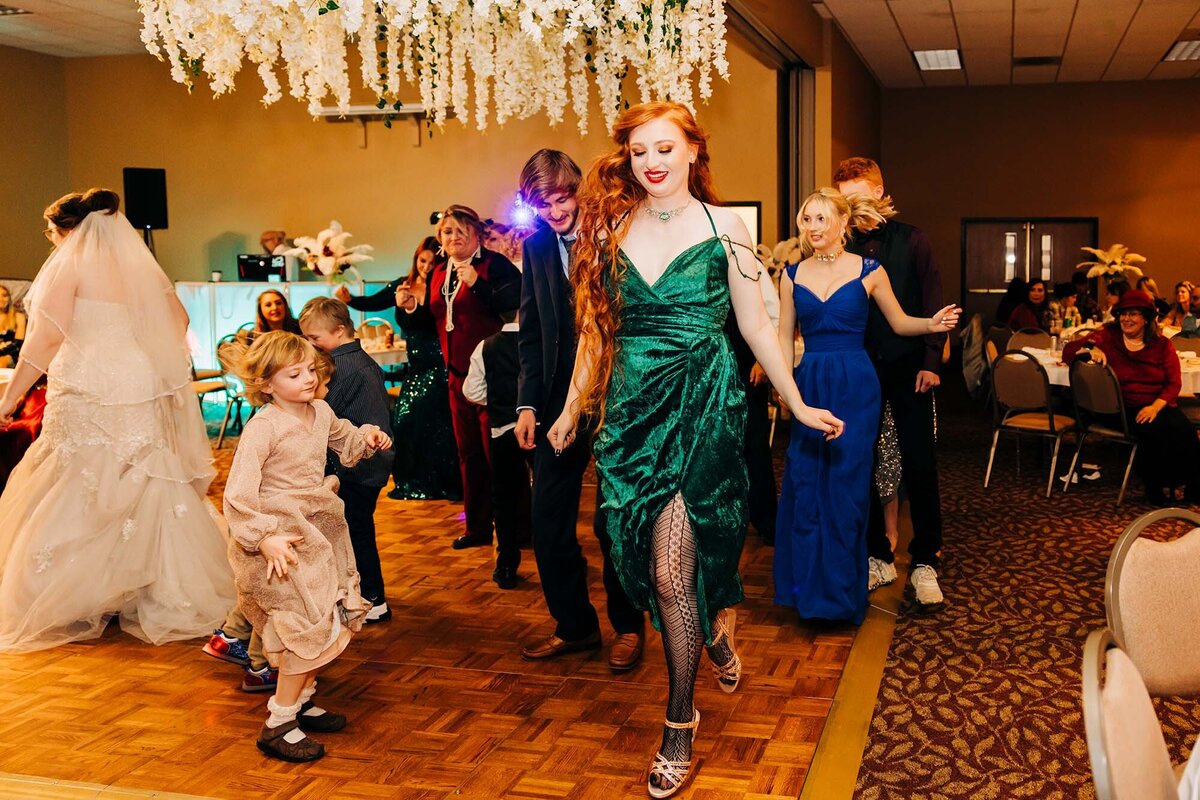 Guests dancing at wedding reception, Broadway River Inn, Hamilton, MT