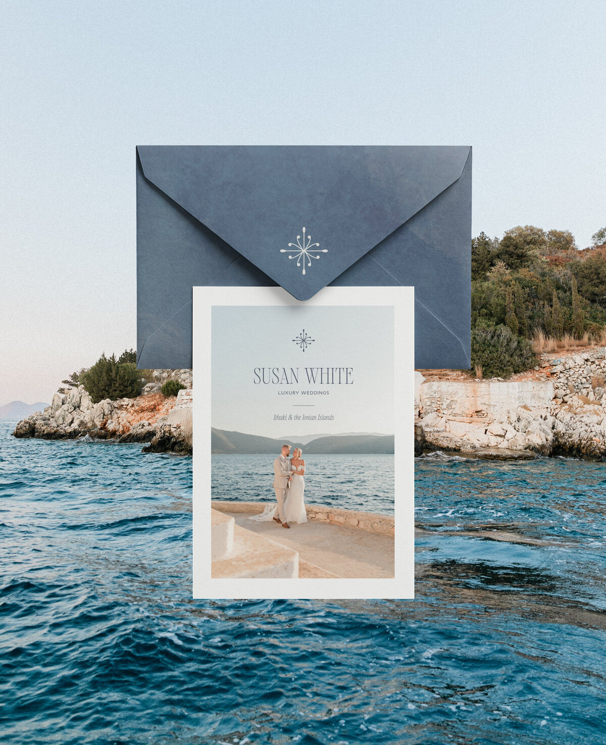 Luxury brand design for destination wedding planner in Mediterranean, Europe envelope stationery mockup