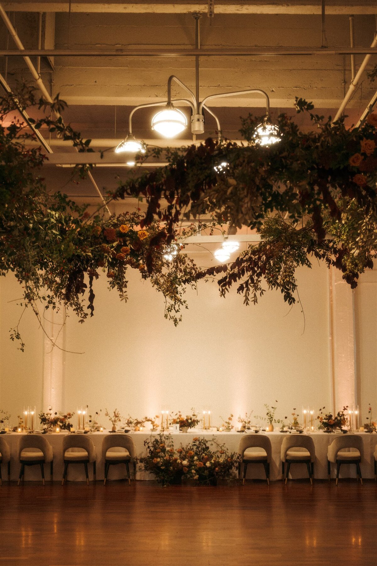 Terra Gallery Wedding Hanging floral installation over dance floor