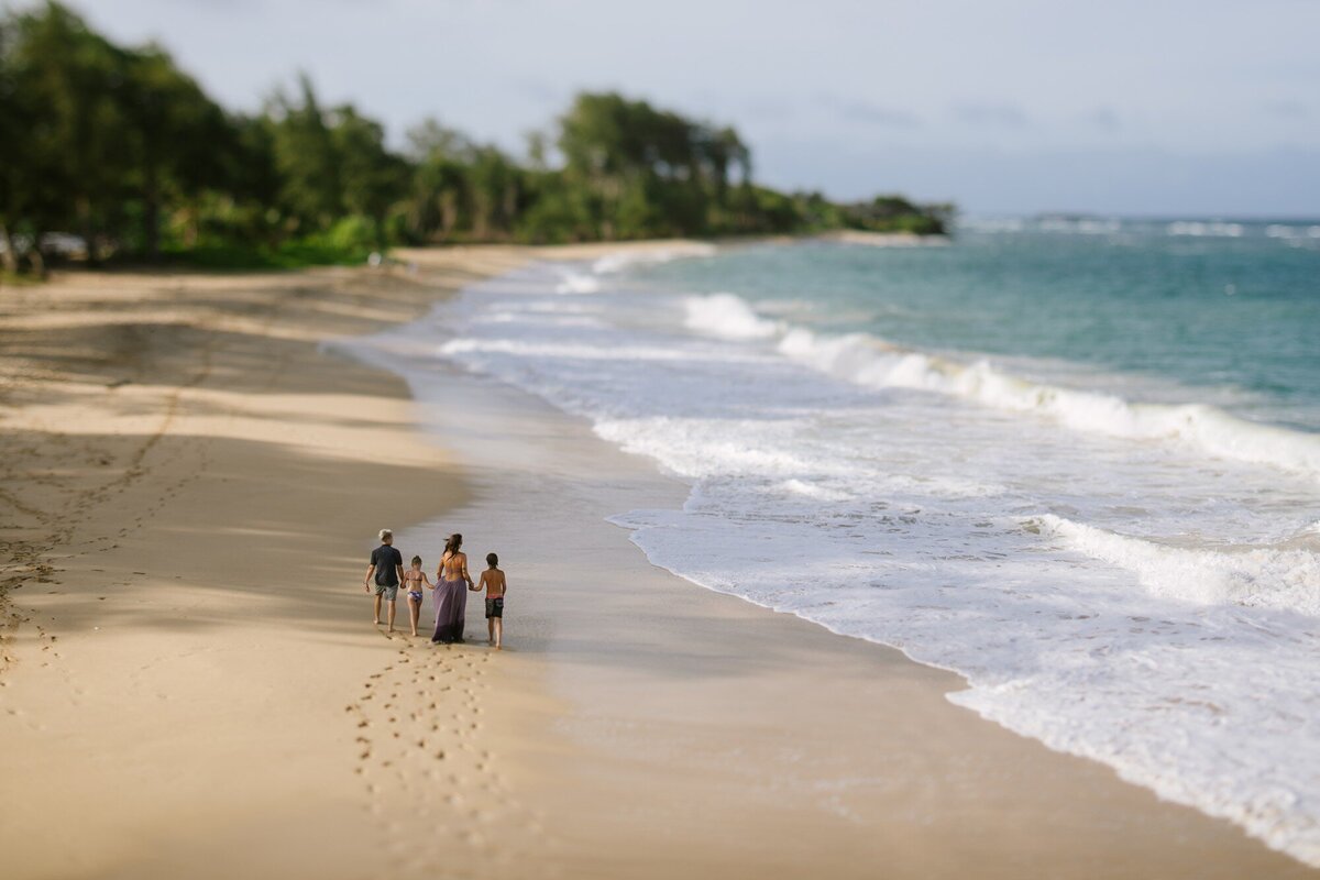 aerial photo of a family of four  walking along laie beach leaving footprints in the sand