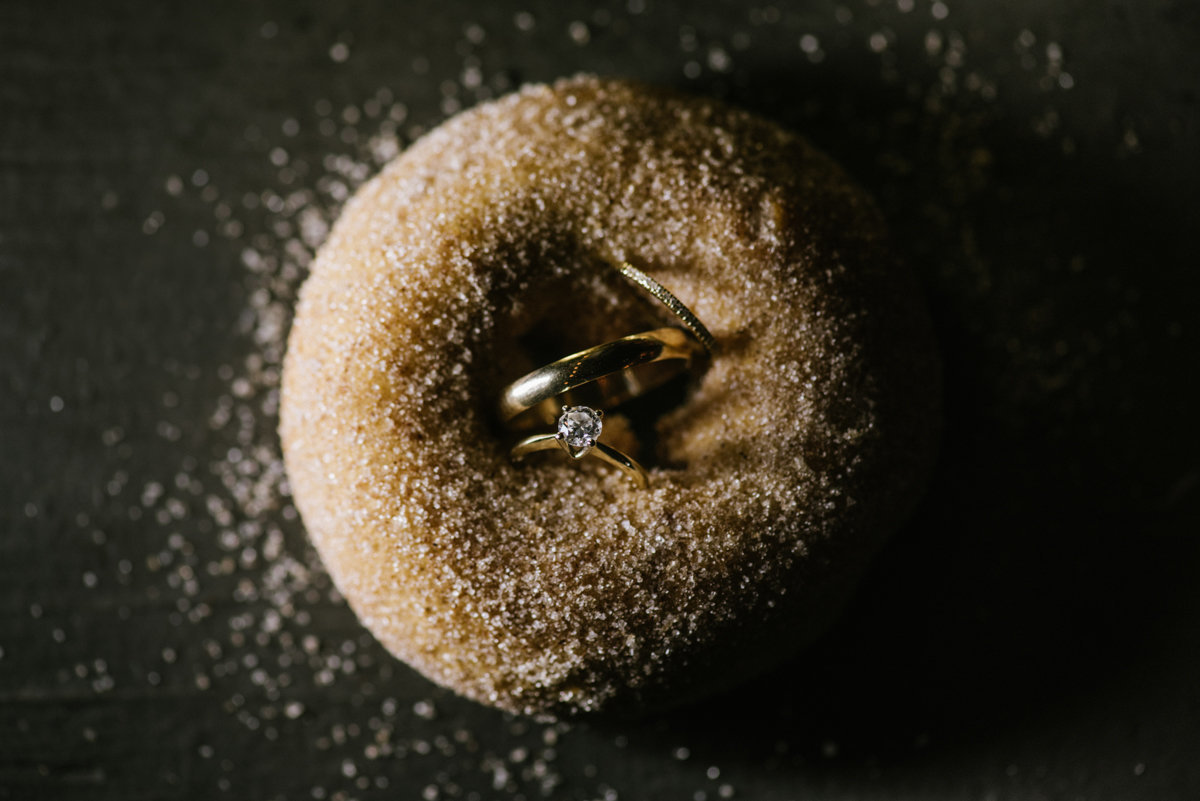 nyc creative wedding photography ring shot donut doughnut dessert sweet tooth yum food foodie love unique