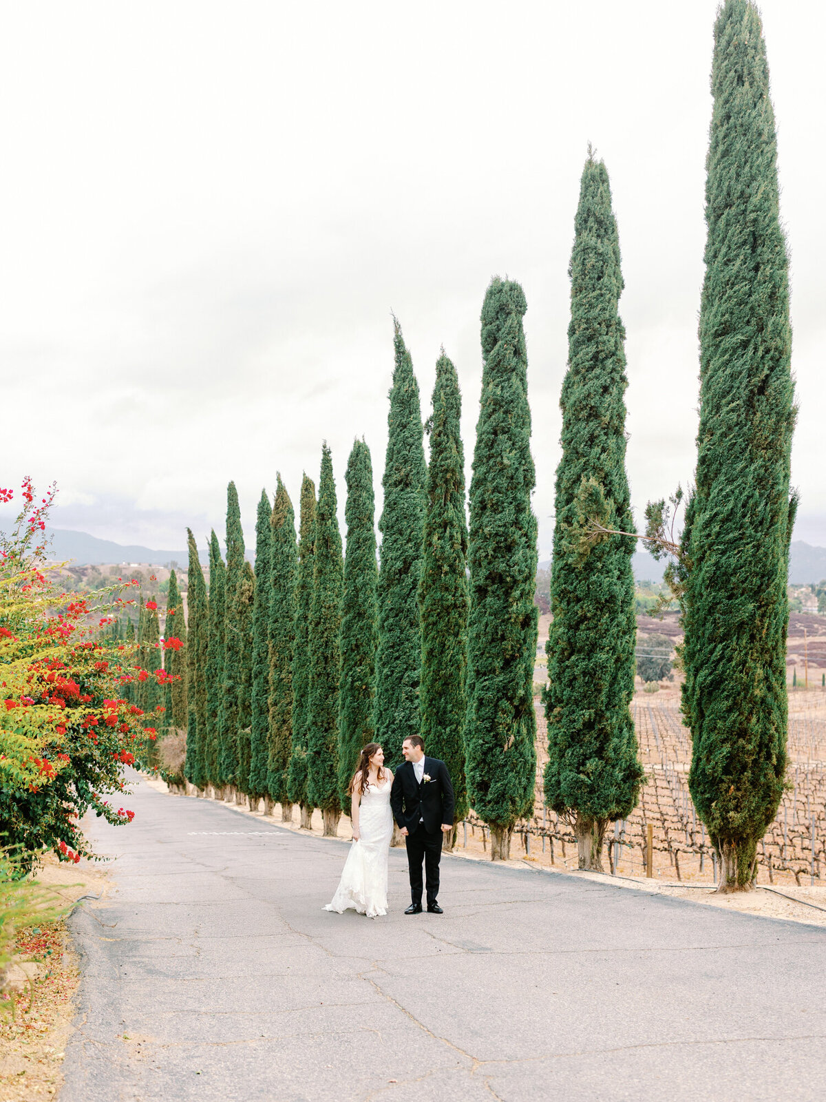 wedding photography of bride and groom at callaway winery walking 