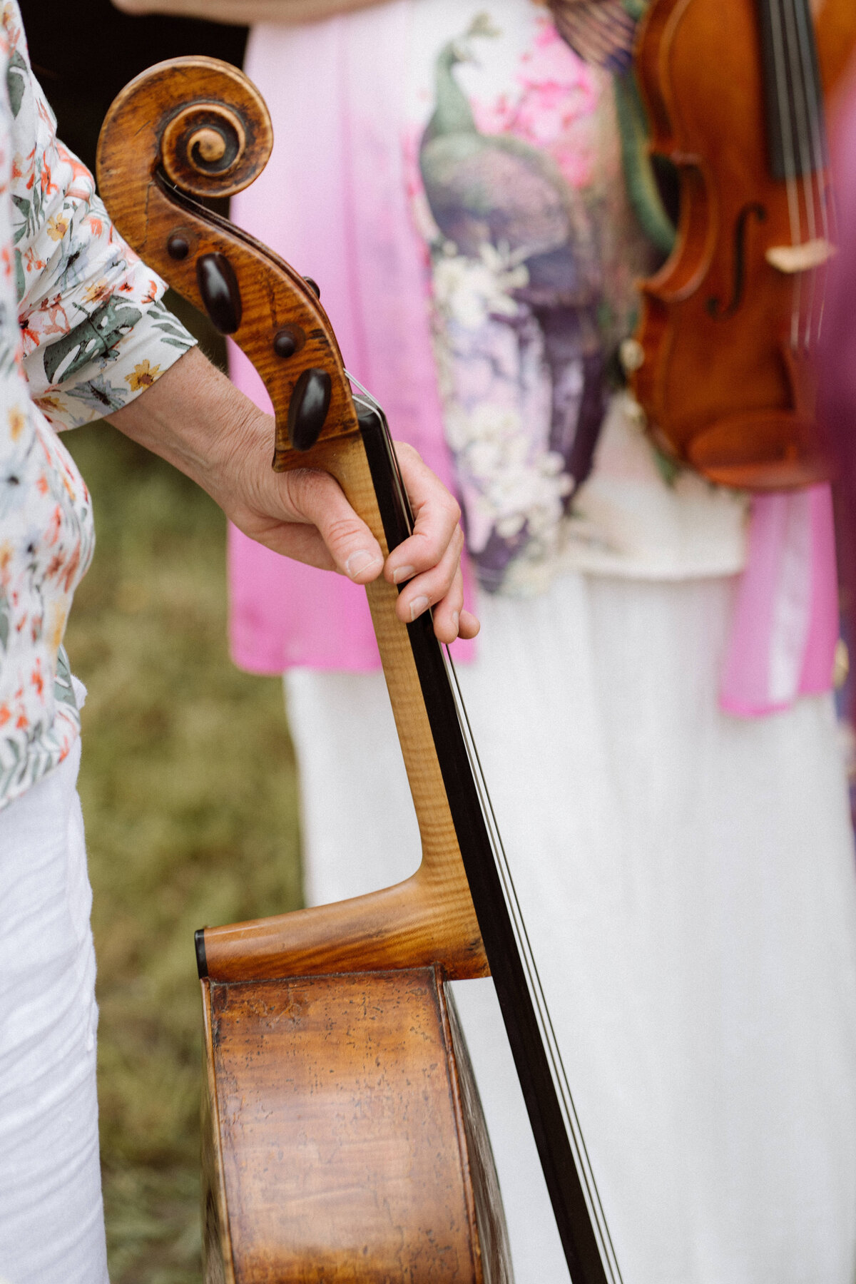 Detail shot van de muziek tijdens de bruiloft onder de boom. 
