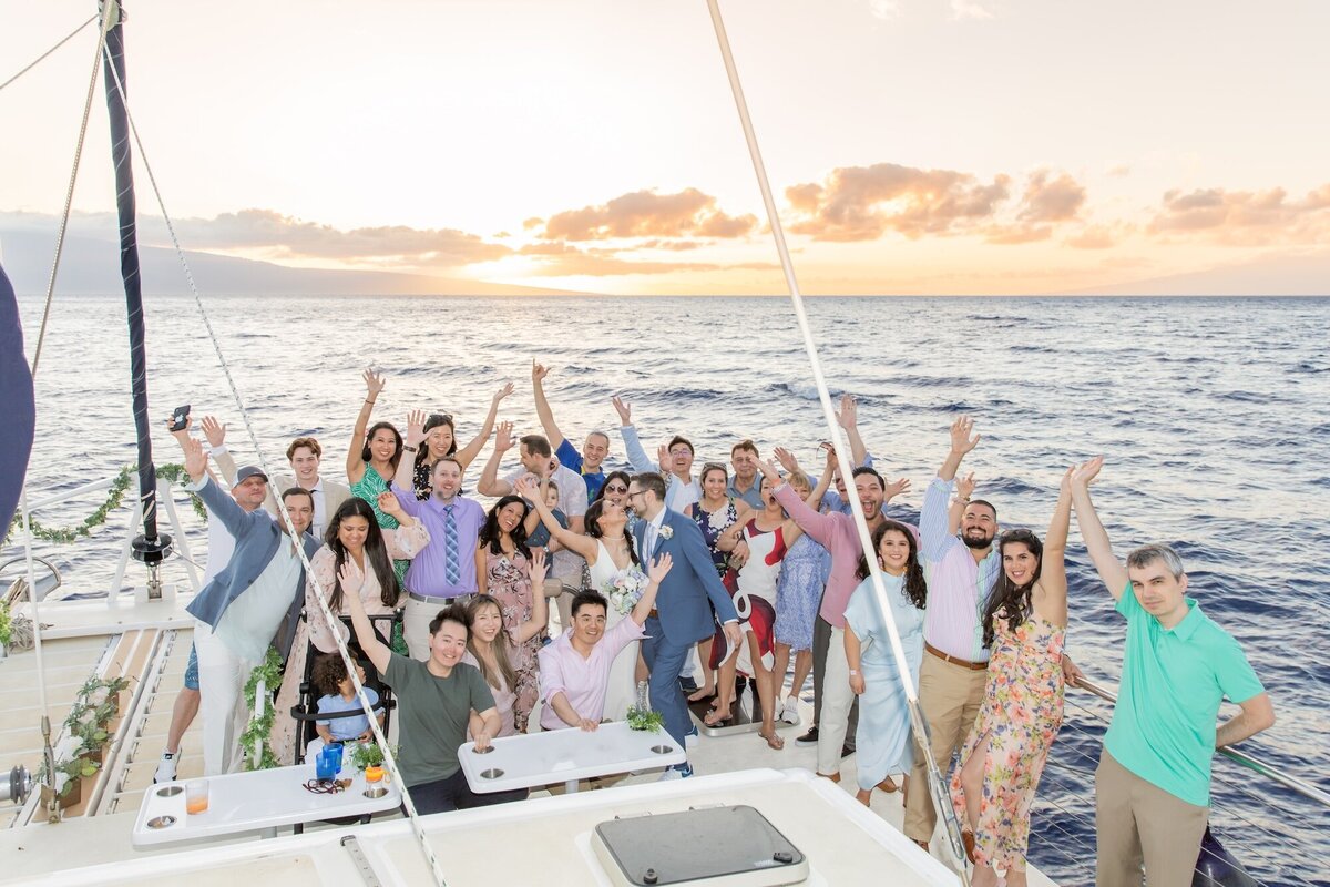 Wedding party photo aboard Trilogy in Maui, Hawaii