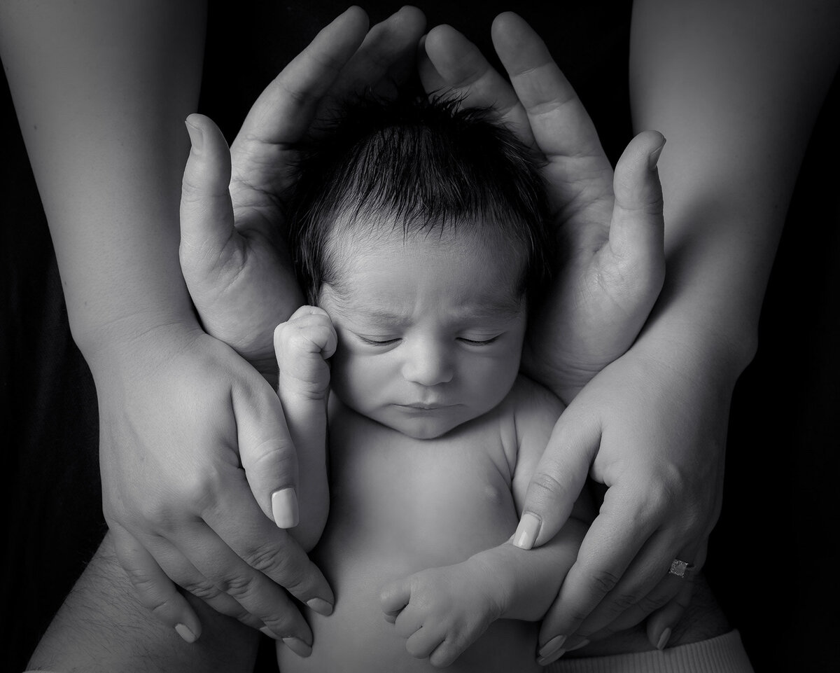 Tally Safdie newborn photography black and white hands and tiny baby