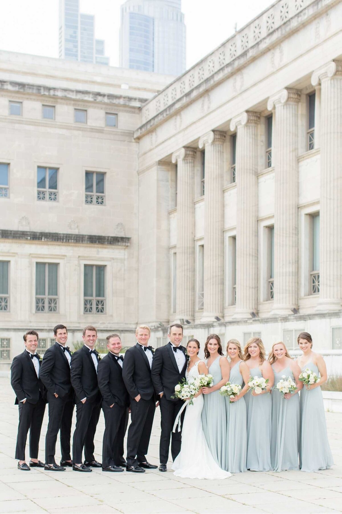 Wedding Party portrait at museum campus before a Luxury Chicago Outdoor Historic Wedding Venue.