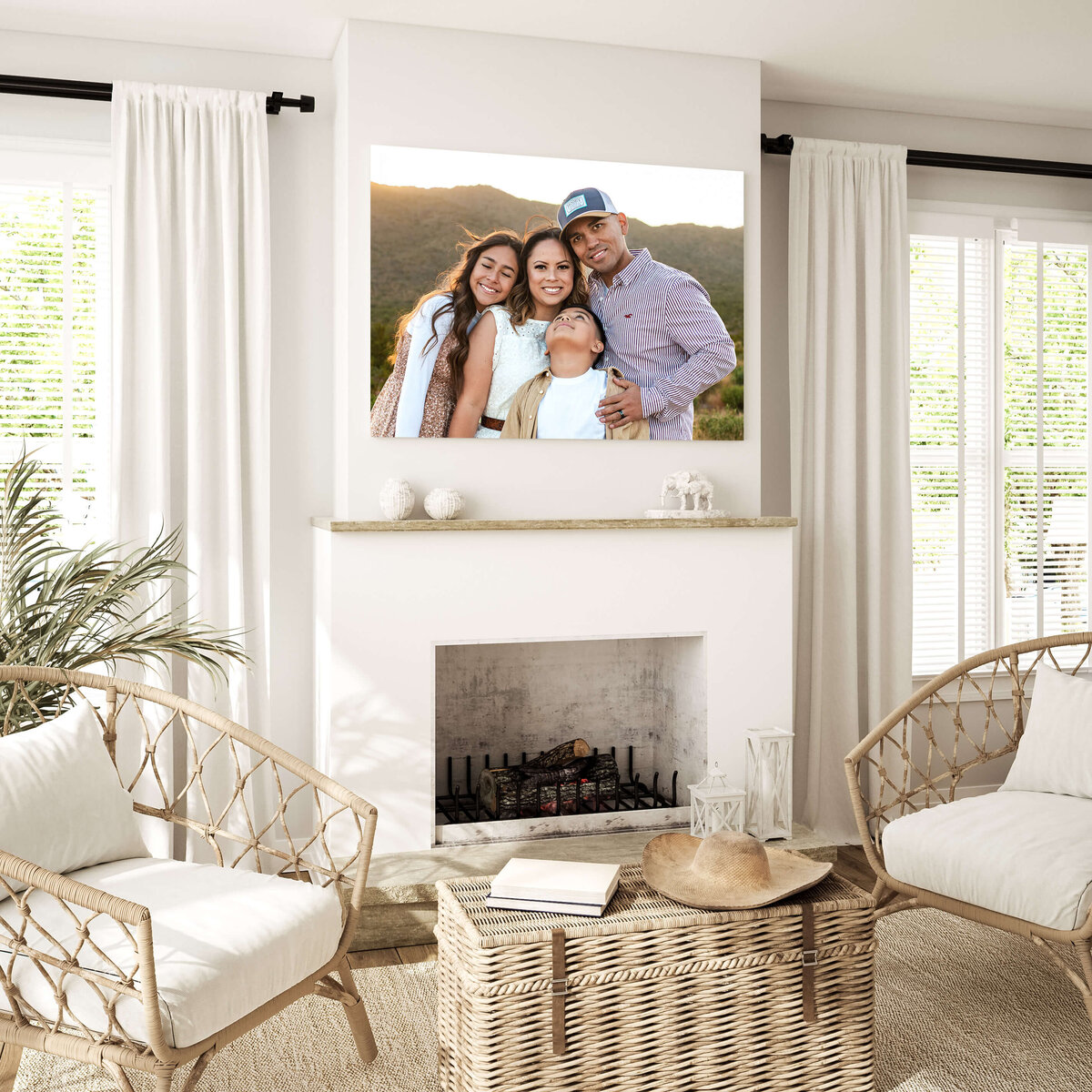 24x36 canvas of maternity portrait taken by Cactus & Pine Photography hanging over fireplace mantel