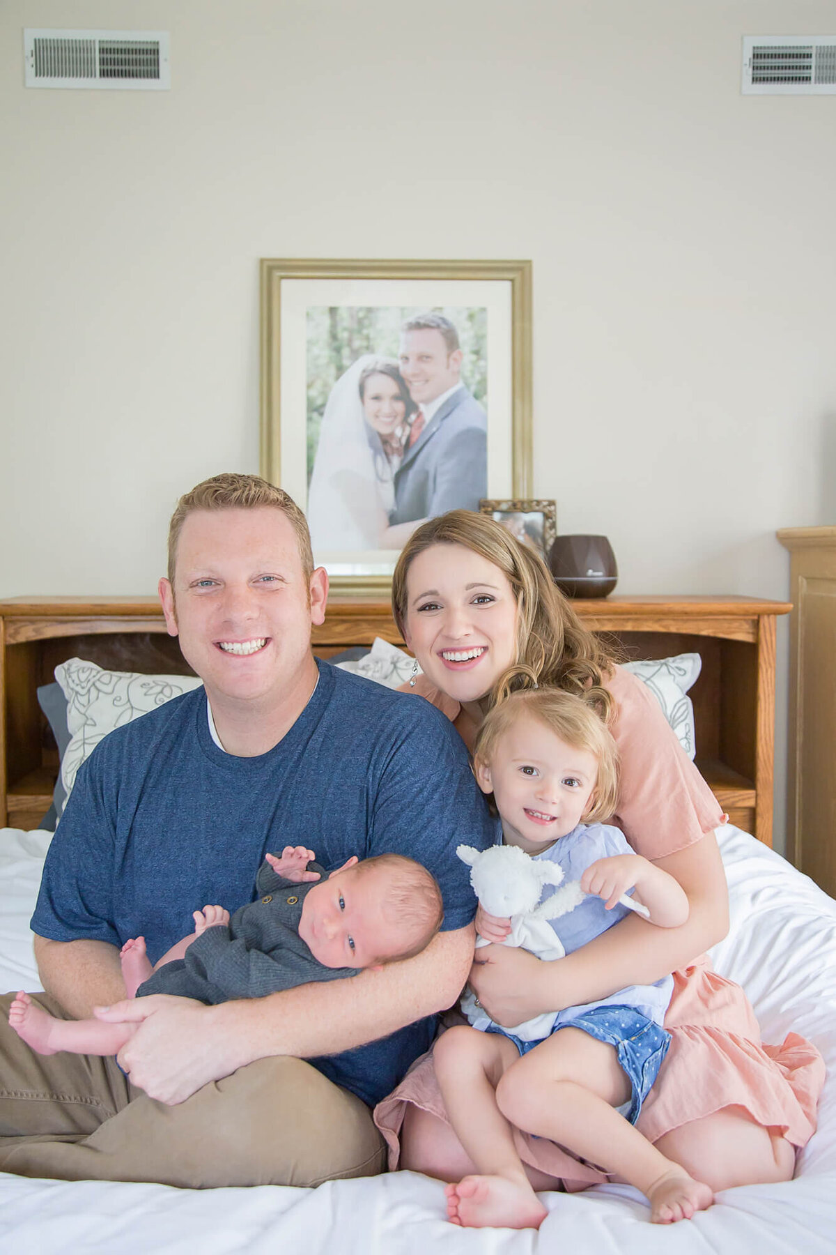 a family sitting on a bed