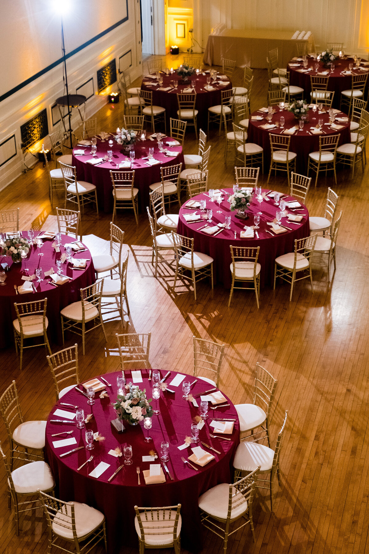 wedding tables setup for a reception at soldiers and sailors memorial hall