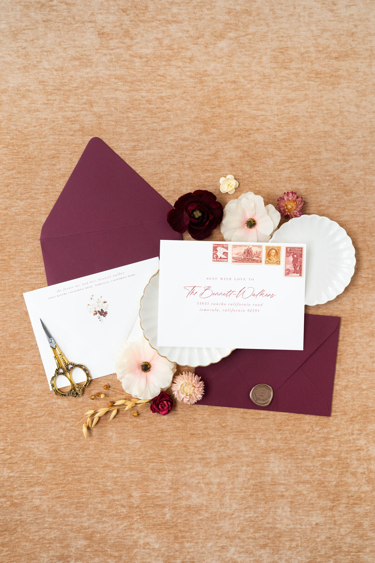 burgundy-wedding-invitation-envelopes-vintage-stamps