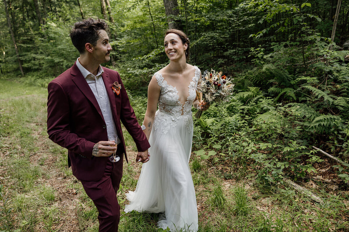 Newlyweds holding hands and walking together