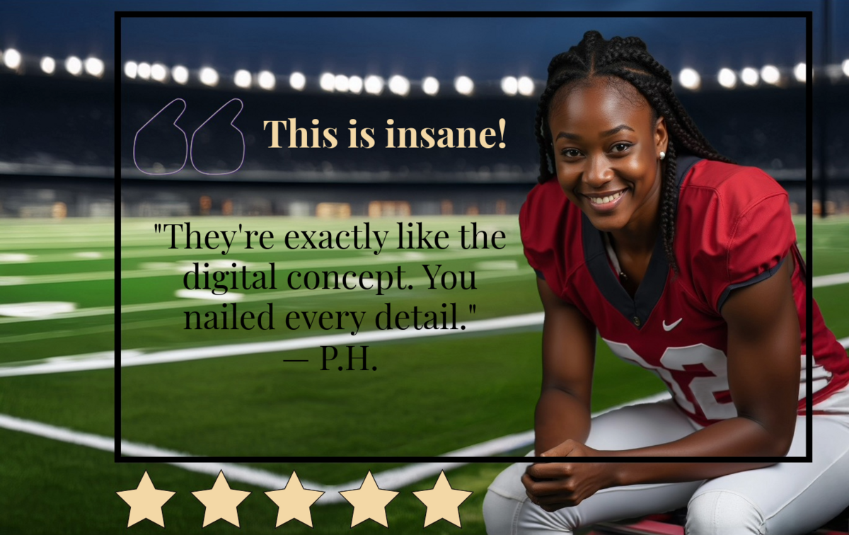 Testimonial from a female football player #12 on the bench at the football field at night. She said: "This is insane! They're exactly like the digital concept. You nailed every detail." 