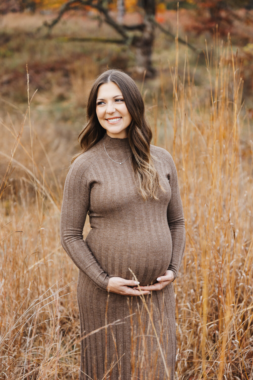 Beautiful pregnant woman in tall grasses in the fall. She is dressed in a knit brown dress and is smiling to the side.
