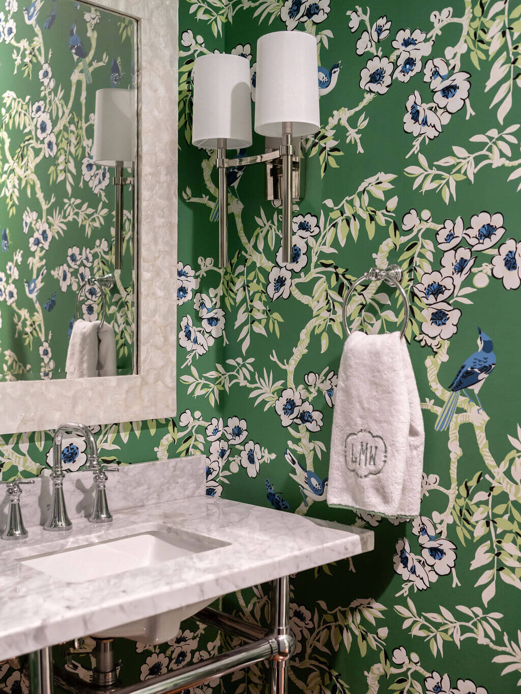 sweet southern home craftsman cutie green floral wallpaper in bathroom
