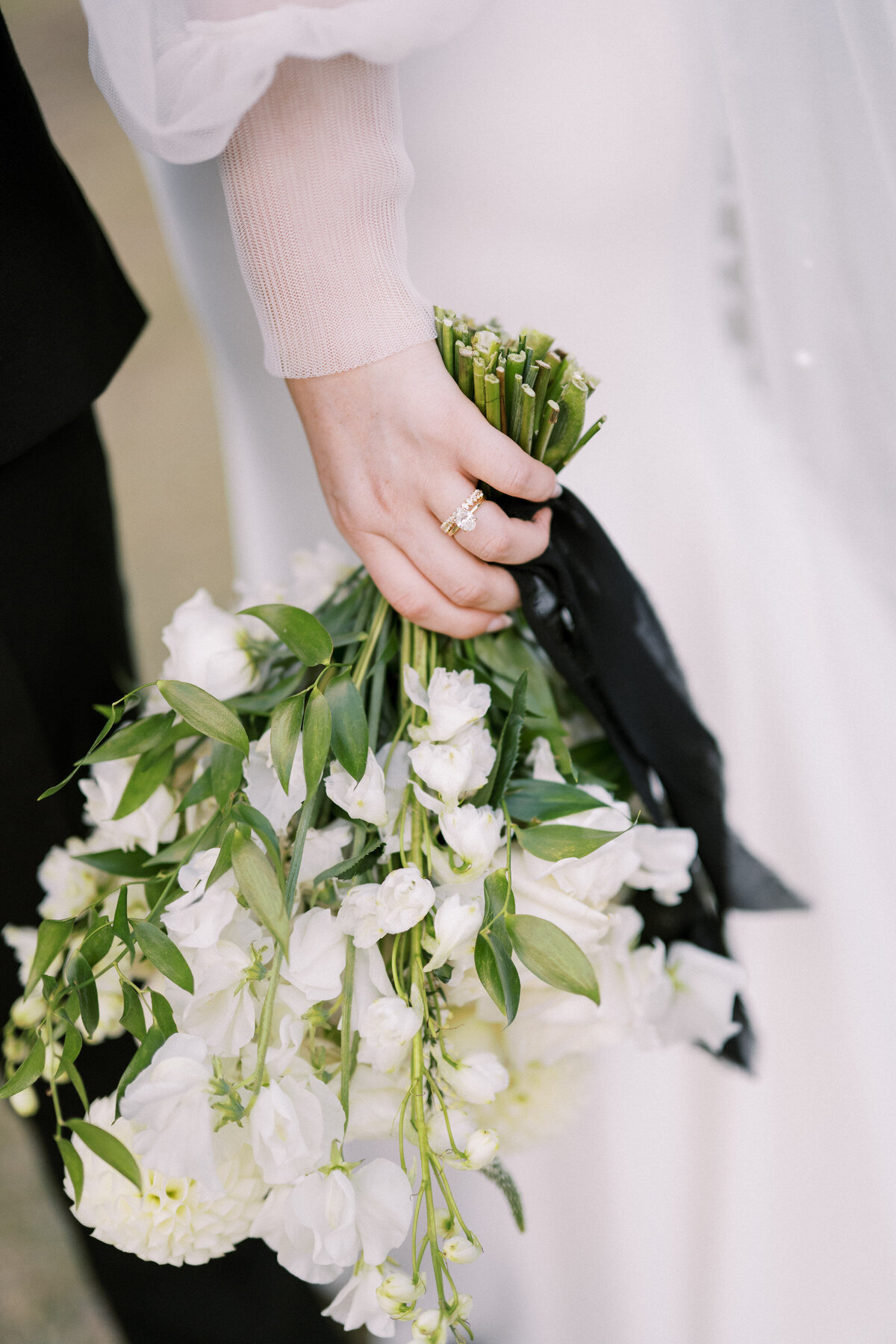 Detail image of bridal bouquet and bride wedding ring