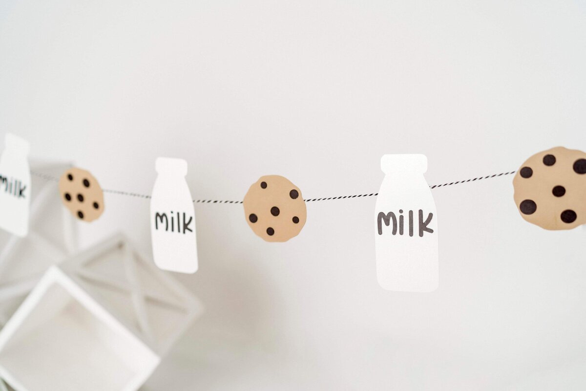 Handmade birthday banner with cookies and milk