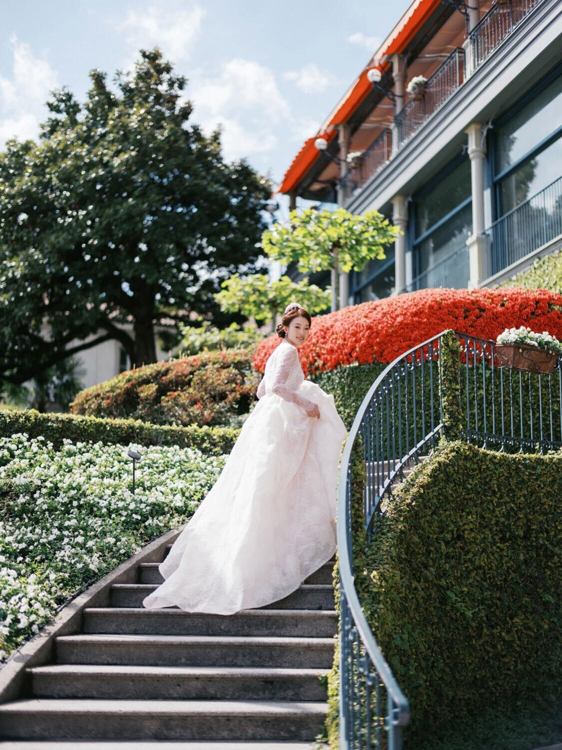 Bride during her Grand Hotel Tremezzo wedding in Monique Lhuillier  wedding dress, by Lake Como Wedding Photographer Andreas K. Georgiou