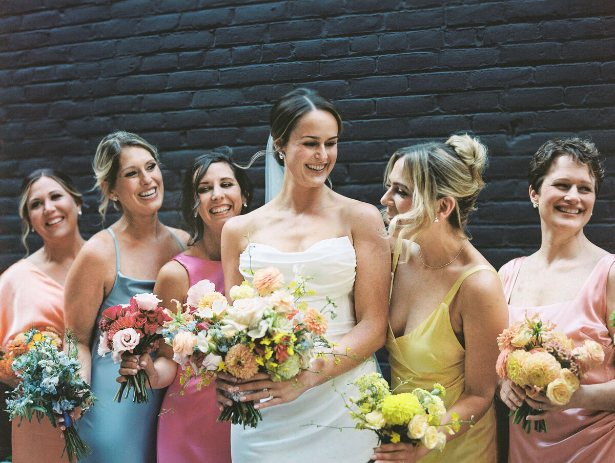 Detroit fiim photographer bridesmaids in vibrant colorful dresses