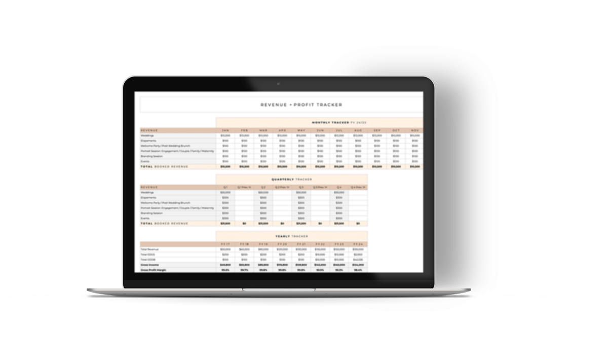 Photo of a laptop showcasing Zelda Greens Profit Planner system  and revenue and profit tracking spreadsheet